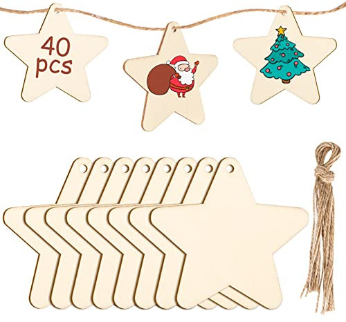 MELLIEX 40 Stück Holz Deko Hängesterne, DIY Basteln Holzanhänger Dekohänger zum Bemalen mit 40 Stück Fäden für Weihnachtsschmuck Weihnachtsanhänger Baum Geschenkanhänger
