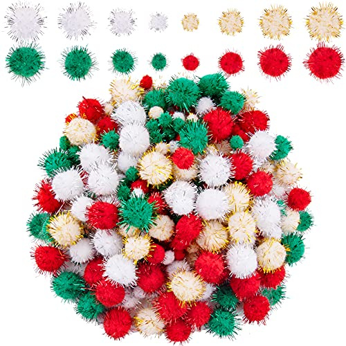 BQTQ 1200 Pièces Pompons de Noël Pailletés pour Loisirs Créatifs et Décorations - Boules en 4 Tailles (Or, Rouge, Blanc, Vert) - Idéal pour Fête de Noël et Bricolage
