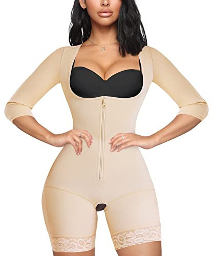 MERYOSZ Entrenador de cintura de cuerpo completo para mujer con cremallera y control de abdomen Body superior Shaper de brazo abierto, corsé más delgado, Beige, Large