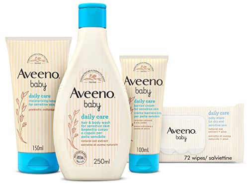 Aveeno Baby Set Neonato, Include Crema Barriera 100 ml, Crema Idratante Viso e Corpo 150 ml, Bagnoschiuma Bagnetto 250 ml e Salviette Neonato 72 pezzi