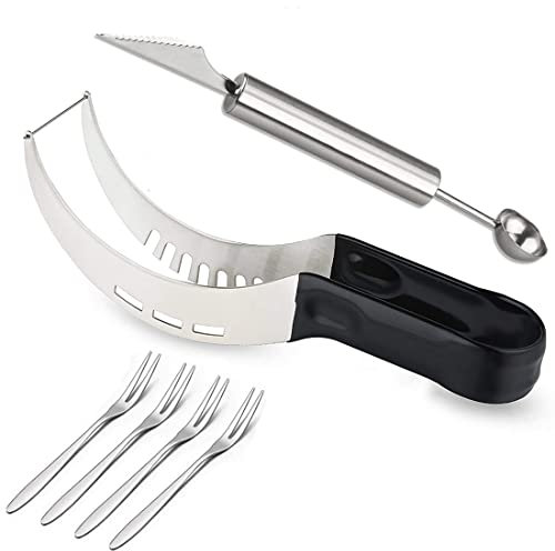 KECRULV Edelstahl Wassermelonen Schneider, Melonenschneider mit Melonenausstecher Obstschnitzmesser und Obst Gabel Edelstahl, für Obstsalat, Wassermelone, Cantaloupe, Papaya, Drachenfrucht