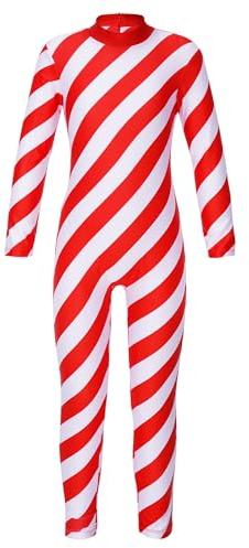 Choomomo Kids Christmas Candy Cane Jumpsuit Long Sleeve Striped Gymnastic Unitard Bodysuit for Boys Girls Red 16 Years