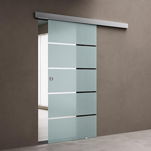 doporro Porta Scorrevole per Interni in Vetro Temperato Satinato a Righe 102,5x215 cm con Binario in Alluminio | Chiusura Ammortizzata e Distanziale da 25 mm - Amalfi11
