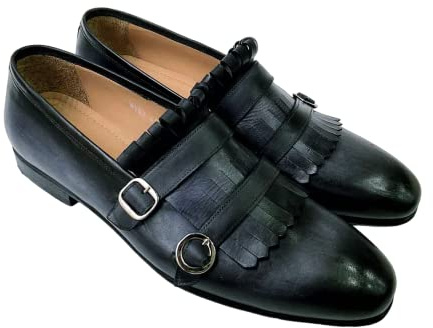 Tucci Di Lusso Mens Gray-Black handmade Italian leather luxury Double Buckle Monkstrap Kiltie Loafers (12, Loafers, Black/Grey)