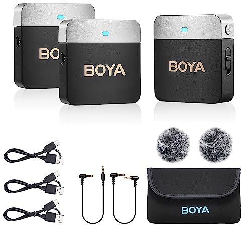 BOYA BY-M1V2 Drahtloses Lavalier-Mikrofon 2.4GHz Zweikanal-Stereo/Mono-Ausgang, 2TX+1RX Clip on Mic Kompatibel Kamera Handy, ideal für 2 Personen Interviews Podcasts Live Streaming