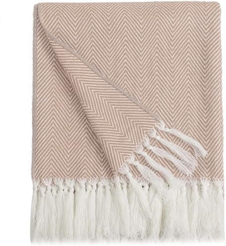 The Home Talk Handwoven Throw Blanket - 50 x 60 Inches Herringbone Design- 100% Cotton Blankets For Couch, Bed, Travel - Cozy & Lightweight - Perfect All Season Skin Friendly - Beige