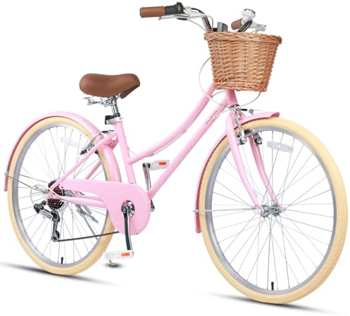 Glerc Missy 26 inch Girl Cruiser Youth Teen Woman Bike 6-Speed Teen Hybrid City Bicycle for Youth Ages 14 15 16 17 18 19 20 Years Old with Wicker Basket & Lightweight, Pink