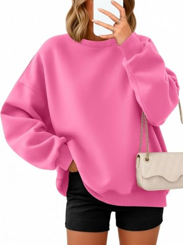 Timuspo Pullover Damen Oversize Langarm Fleece Sweatshirts Herbst Winter Frauen Rundhals-Ausschnitt Sport Locker Oberteile Bluse Tops Rosa XL
