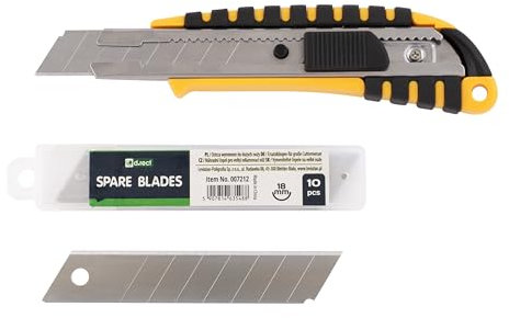 D.RECT Cuchillo Cutter con Hoja Guía Metálica 18mm - Cuchillo Utilitario con Mango Engomado - Cuchillo para Alfombras - Cúter Cuchillo Profesional, 10 Piezas Cuchillas