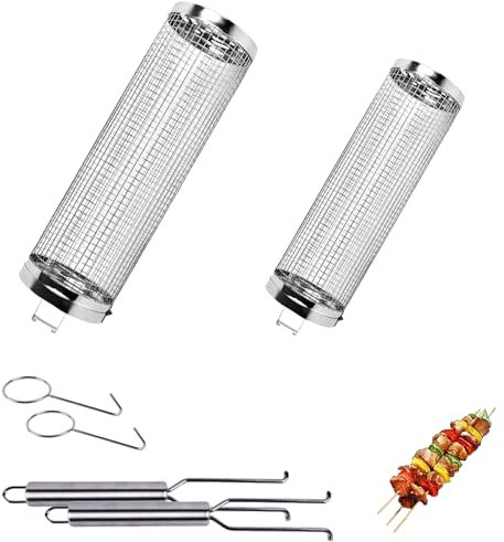 2 Pièces Panier de Barbecue en Acier Inoxydable, Paniers a Griller Cylindriques, Accessoires de Cuisson pour Barbecue Extérieur, Panier de Barbecue, pour Griller Légumes, Crevettes, Steak
