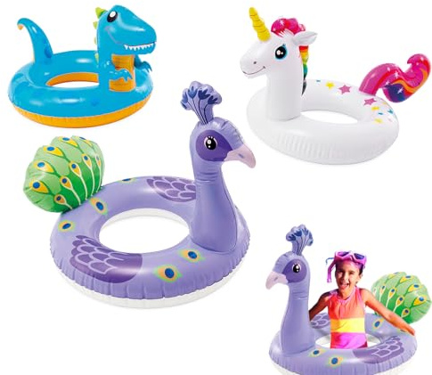 3 unidades de flotador inflable, dinosaurio unicornio pavo real PVC acuático anillo de juego acuático, accesorios para fiestas, anillos de natación para bebés, niños, 2-6 años, verano, piscina, playa