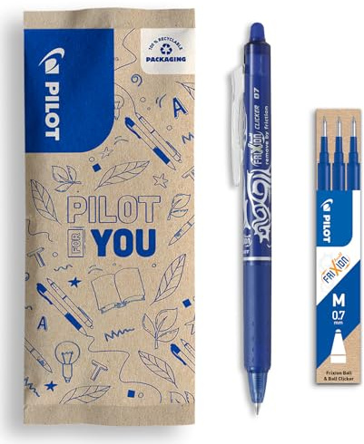PILOT - Caja de 1 FriXion Ball Clicker + 1 Set de 3 Recambios - Bolígrafo Retráctil Borrable con Tinta Termosensible - Rollerball Recargable y Ergonómico - Azul - Punta Media