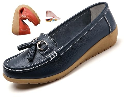 ZPLMIDE - Zapatillas ortopédicas de cuero transpirable para mujer, corte amplio, mocasines de cuero, mocasines clásicos, tacones de cuña, zapatos casuales de vestir, zapatos de senderismo, azul oscuro