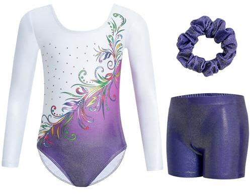Gogokids Flickors tredelade långärmade gymnastiktrikesset - glittrande balettdräkt inkluderar trikåer, shorts och hårband, gradient paljettdesign för 3-12 år