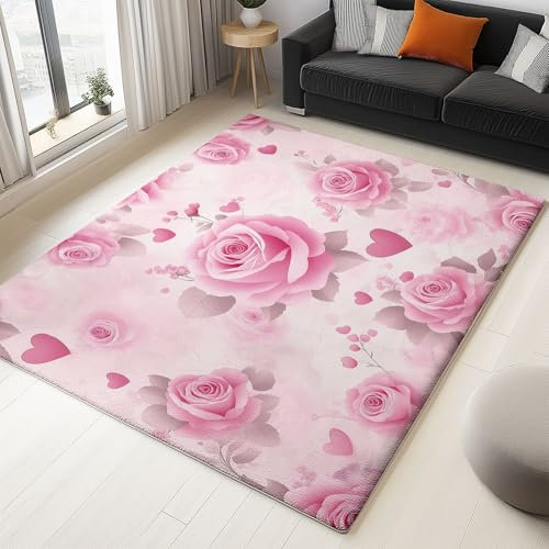 Teppich Wohnzimmer Blume Rote Rose Design Rosa 140 x 200 cm Kurzflor Teppich Schlafzimmer Pflegeleicht Extra Weich Teppich für Küche Esszimmer Kinderzimmer Rechteckig