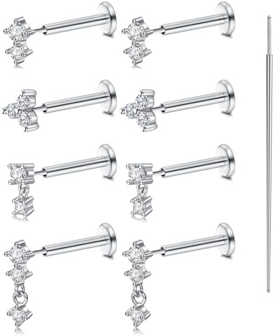 AVYRING 9 pezzi Flat Back Orecchini da donna, in acciaio inox, con spina filettata, 20 g, 8 mm, spinta da naso con CZ, Helix Tragus Conch Daith Rook Cartilage Labbra, Labret Piercing gioielli, argento