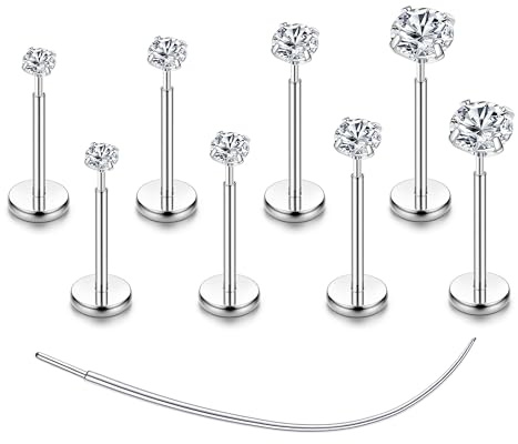 Chriscoco 4-8 Pcs G23 Titanio Piercing Trago Piercing Orecchio Naso Brillantino Helix Conch Labret Piercing CZ Piercing Labbro Inferiore Oro Argento Trago Piercing Donna 16G/18G/20G, G