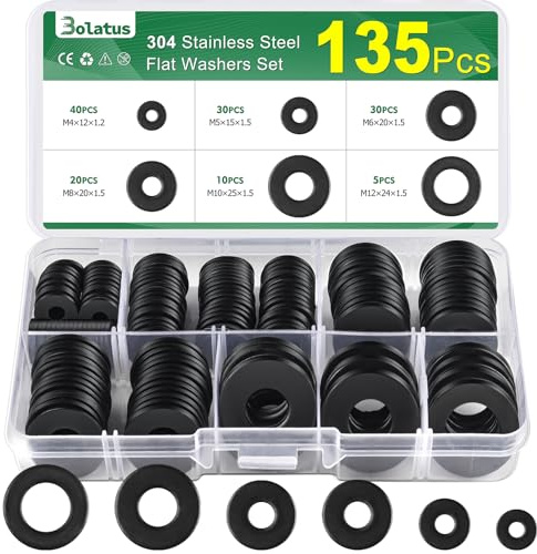 Juego de 135 arandelas negras Bolatus de acero inoxidable, surtido de 6 tamaños, arandelas para carrocería, M4, M5, M6, M8, M10, M12, arandelas planas de acero inoxidable para tornillos y tuercas