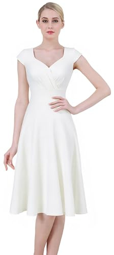 Flosros Robe de cocktail élégante pour femme - Robe de soirée festive - Ligne A - Vintage - Col en V - Robe d'invité de mariage - Robe de confirmation, Blanc., XL