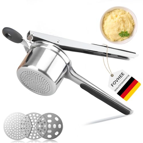 Moorstdel Prensa de patatas de acero inoxidable, triturador de patatas con 3 coladores intercambiables, prensa de spätzle con mango de silicona antideslizante, apto para lavavajillas, para puré de