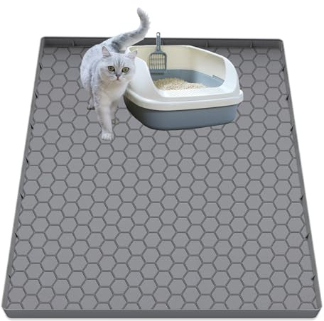 JSXZWOO Cat Litter Mat, Silicone Large Cat Mat for Litter Box - 34x22 in, Waterproof & Non-Slip, Durable & Easy Clean, Grey