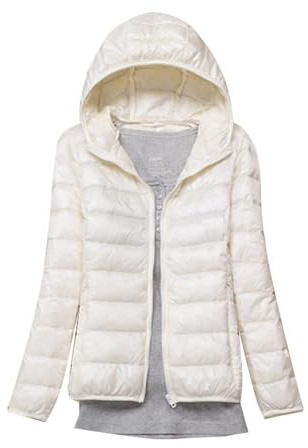 GOBIWM Piumino da donna, ripiegabile, trapuntato, con cappuccio, ultra leggero, giacca invernale corta con borsa per il trasporto, bianco, XL