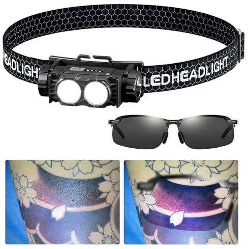 Tumalab GBK Tattoo Shading Pro Headlamp Flashlight - Removing Reflections for Tattoo/Embroidery/Cosmetic/Microblading, Ideal for Detail Work & Color Blending（Polarized Glasses set）