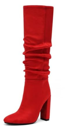 Botas Mujer Holgadas Altas hasta La Rodilla Tacón Grueso Punta Redonda Ante Botines Plantilla Acolchada Noche Fiesta Baile Casual Elegantes Duraderos,Rojo,37.5 EU