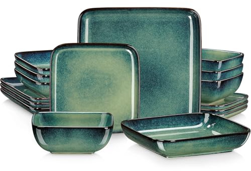 Keramiskt servis-set middagsset grön fyrkantig ugn byt glasyr servis 16 delar köksservis keramiskt porslin för 4 personer (grön-16-delar)