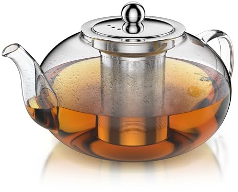 Arendo - Teekanne Glas mit Sieb - 1200 ml – aus Borosilikatglas – mit Edelstahlsieb – feinmaschig – hitzebeständig – Glasteekanne – für losen Tee Kräutertee Früchtetee – Teekocher – langlebig – feinma