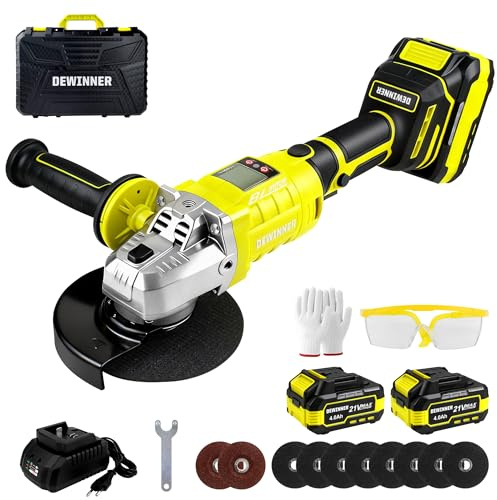 DEWINNER Smerigliatrice Angolare a Batteria Brushless 20V, Ø125mm, può ruotare di 90° su entrambi i lati.Smerigliatrice Angolare Senza Fili con 2 Batterie da 3.0Ah, 8500 giri/min, Dischi da Taglio