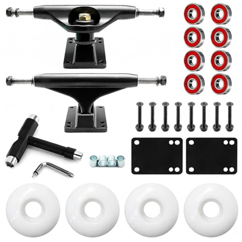 Trucks de Skateboard Ruedas Rodamientos Set Llaves T con Tapas Elevadoras y Hardware - Equipado Completamente para reparación Montaje Mango Hueco Rebote absorción Impactos Goma Alto Rendimiento Todas