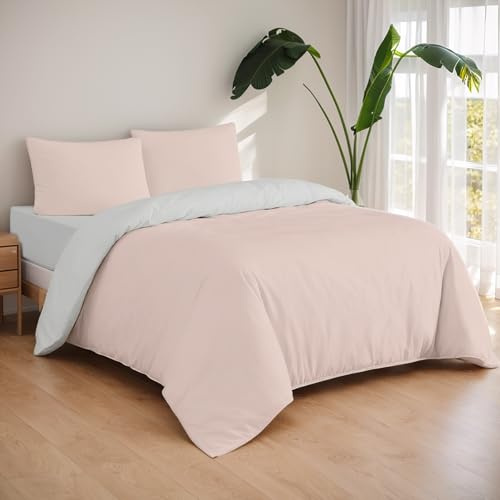 Etrexonline Juego de Funda Nórdica 4 Piezas Cama 135 – Reversible Doble Color Liso – Funda Edredón 220x220cm, Bajera 135x200cm y 2 Fundas Almohadas 50x70cm – Microfibra Suave – Rosa y Gris