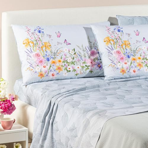 Caleffi Completo Lenzuola Matrimoniali Art. Yasmine in 100% Cotone – Set 4 Pezzi con Federe 50x80 – Fantasia Floreale (Grigio)