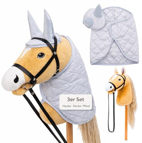 Hoofly Hobby Horse Set – Caballo grande para niños con manta y capucha | Juego completo de caballos Hobby Horsing con brida y varilla de tornillo de 35 cm | Caballo beige – Accesorios grises