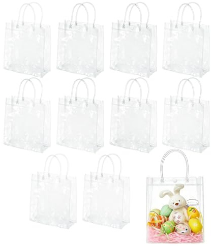 Sacchetti Regalo Trasparenti, 15 x 16 cm Sacchetti Trasparenti con Manici, Borsa Regalo con Manici Riutilizzabili, Impermeabile Buste per Bomboniere, per Feste, Matrimoni, Compleanni (10 PCS)
