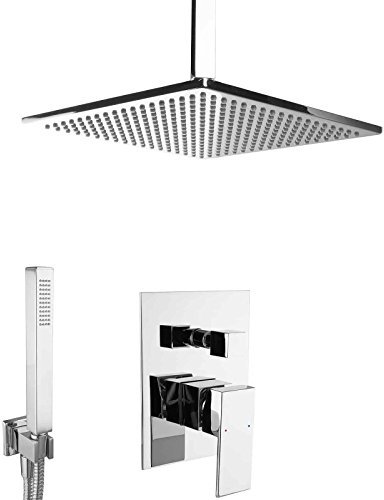 PaulGurkes Unterputz Dusch Set mit 30cm Messing Regenbrause Komplett Regenbrause Kopfbrause eckig 2-Wege Einhebelmischer Handbrause Regenduschkopf Luxusbad Duschtempel Deckenarm