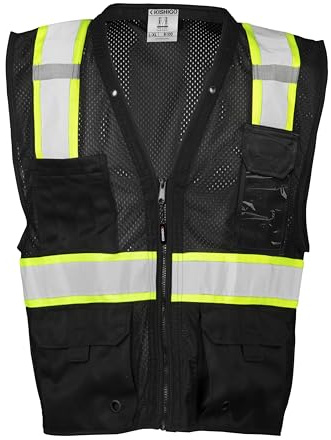 Kishigo Black Enhanced Visibility Men's Vest B100, Multi Pocket Mesh Hi-Vis Vest, Ultra-Cool Polyester Material, 6 Pockets, Zipper Front Closure, Construction Work Safety Vest (Black EV, SM-MED)