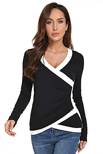 AmélieBoutik Women Color Trim V Neck Faux Wrap Pleated Detail Long Sleeve Blouse (Black and Ivory Small 8/10)