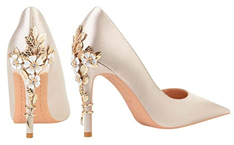 JOEupin Escarpins à talons hauts en satin à bout pointu pour femme, doré, 38.5 EU