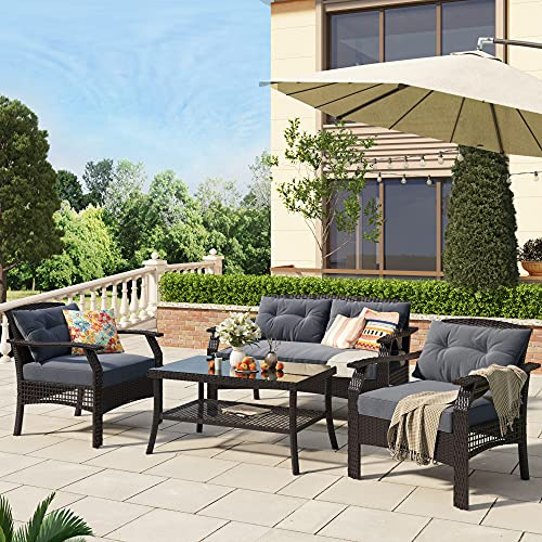 JSKJ Patio PE Wicker Sofa Seating Group, All-Weather Rattan Conversation Sofa Chair with Coffee Table, Garden, Poolside, Backyard (Grey-Sofa)