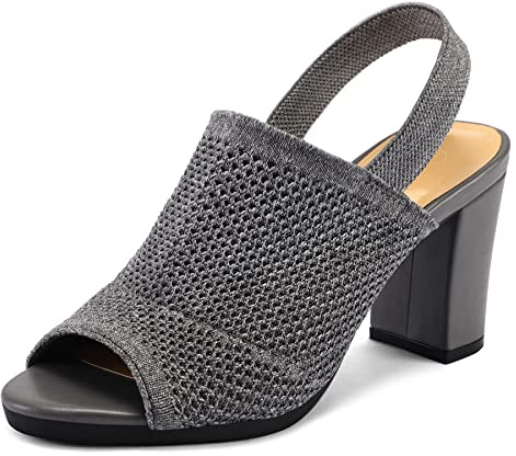 mysoft Women's Knit Chunky Block High Heels Elastic Slingback Open Toe 3 Inch Heeled Sandals,Grey,7.5 US