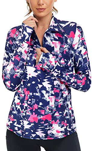 Womens Quarter Zip Pullover,Cucuchy Sun Protection Clothing Moisture Wicking Shirts Long Sleeve Workout Stretchy V Neck Zipper Training Jackets Geometry Blue 2XL