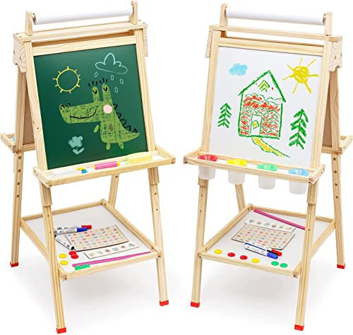 Kinder Staffelei mit Papierrolle Malen Doppelseitiges Whiteboard und Kreidetafel, Tafel Kinder mit Zahlen und anderem Zubehör, Höhenverstellbar Standtafel mit Ablageschale für Kinder und Kleinkinder
