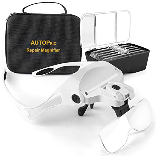 AUTOPkio Gafas de Aumento Lupa 2 Luz LED, Lentes de Aumento con Estuche 5 Lentes 1.0X, 1.5X, 2.0X, 2.5X, 3.5X para Reparaciones, Coser, Artesanía