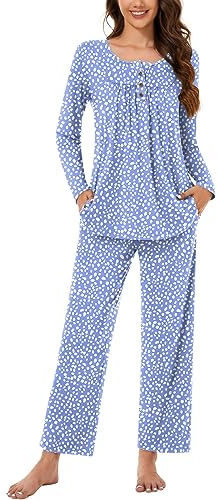 Bestbee Womens Pajama Set, 2 Piece Lounge Outfits Pleated Sleepwear Sets Long Sleeve Long Pants With Pockets Ladies Pjs, M, Spotted Blue
