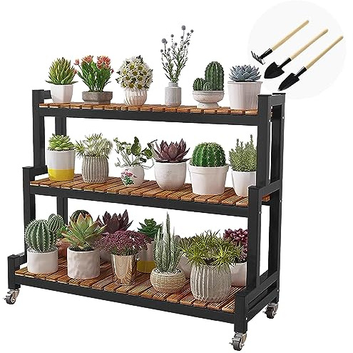 Estante De Plantas Interior Y Exterior Soporte Para Flores De 2 Niveles 3 Niveles Estructura Metálica, Estante De Almacenamiento Escalera Para Macetas Con Ruedas Estante De Exhibición ( Color : Black-