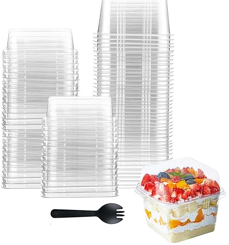 Hniuyun 50 Pack 8 oz Plastic Dessert Cups with Lids and Spoons, Square Parfait Cups, Clear Dessert Container for Cupcakes, Pudding, Yogurt Fruit, Mousse, and Ice Cream