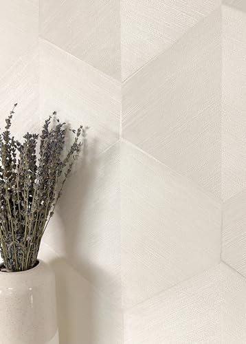 Newroom Tapete Weiß Vliestapete 3D-Optik - Mustertapete Modern Creme Raute Linien Streifentapete Grafisch Grafik Metallic inkl. Tapezier-Ratgeber