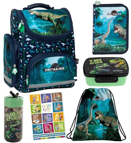 Goldkids - Schulranzen für Jungen, 6er-Set - Schul-Rucksack für Kinder mit Federmäppchen - Schuhbeutel und Hausaufgabenheft - Dinosaurier Motiv - 1-3 Klasse